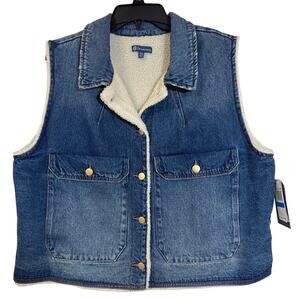NWT Democracy XL Ombre Denim Button Up Vest with Faux Fur Lining & Slip Pockets